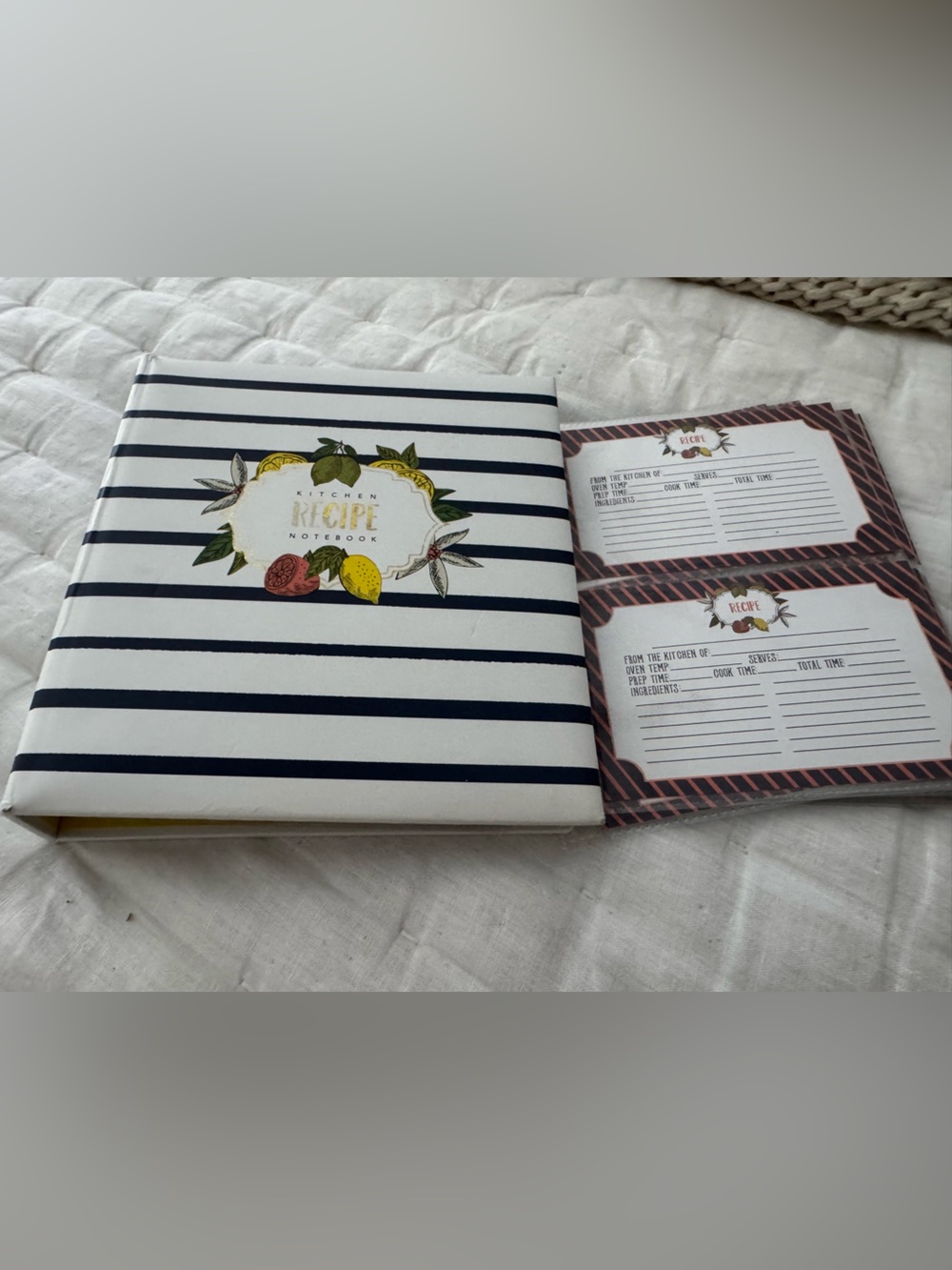 Striped Recipe Book with Lemon Motif. Used. Extra new sheets with recipe cards.